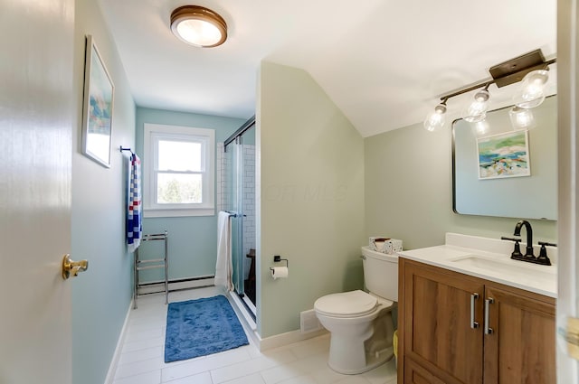 bathroom featuring vanity, toilet, baseboard heating, and walk in shower