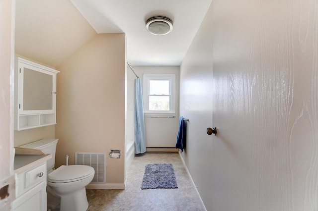 full bathroom with vanity, shower / bath combination with curtain, vaulted ceiling, toilet, and a baseboard radiator