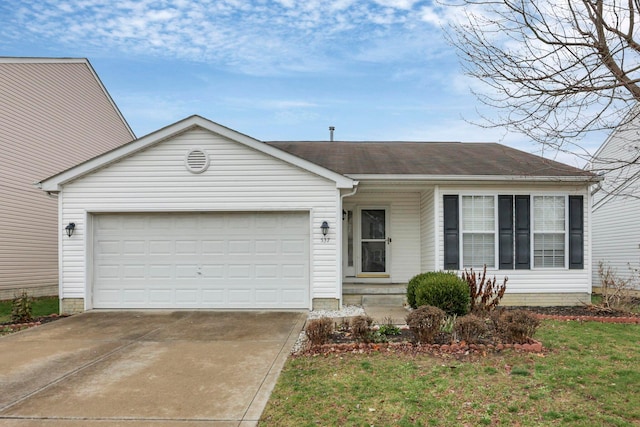 single story home with a garage and a front yard