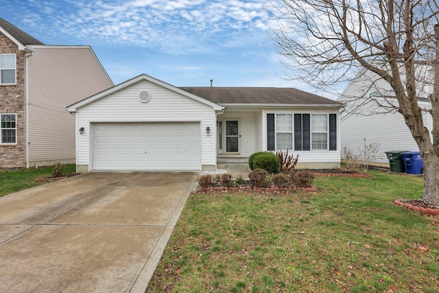 ranch-style house featuring a garage and a front lawn