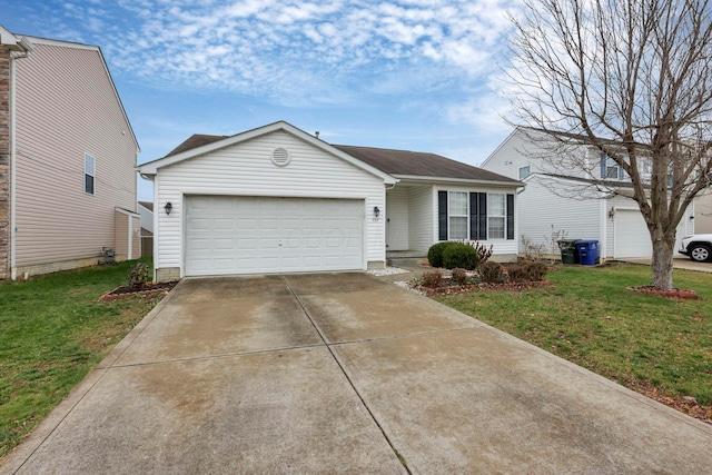 single story home with a garage and a front yard