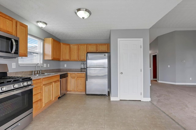 kitchen with light carpet, sink, a textured ceiling, and appliances with stainless steel finishes