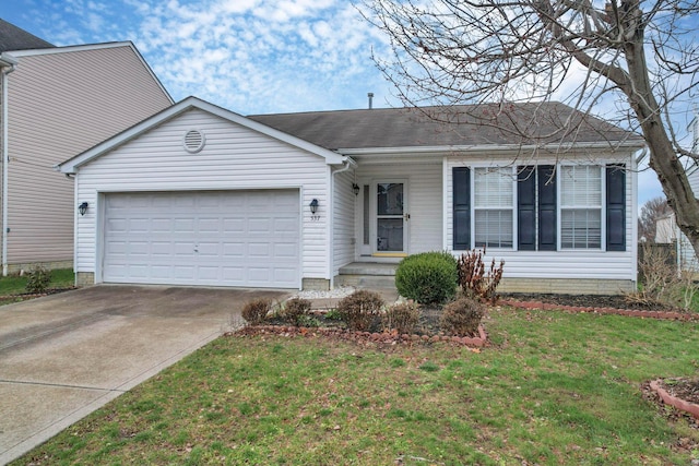 ranch-style home featuring a front yard and a garage