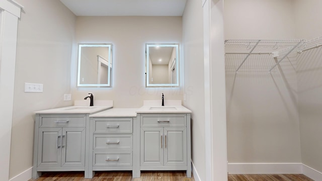 bathroom with vanity and wood-type flooring