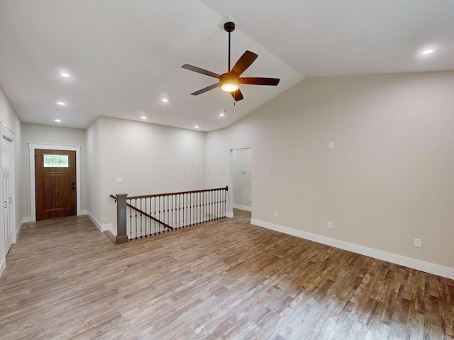 783 Crestrose Dr, Howard, OH 43028 - spare room with light wood-style floors, a ceiling fan, recessed lighting, baseboards, and vaulted ceiling