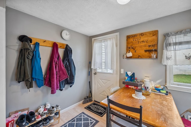 mudroom featuring a textured ceiling and hardwood / wood-style flooring