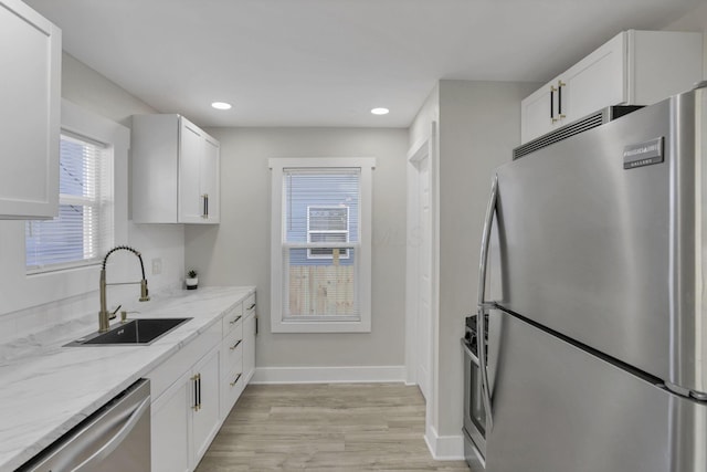 kitchen featuring white cabinets, light stone counters, sink, and appliances with stainless steel finishes