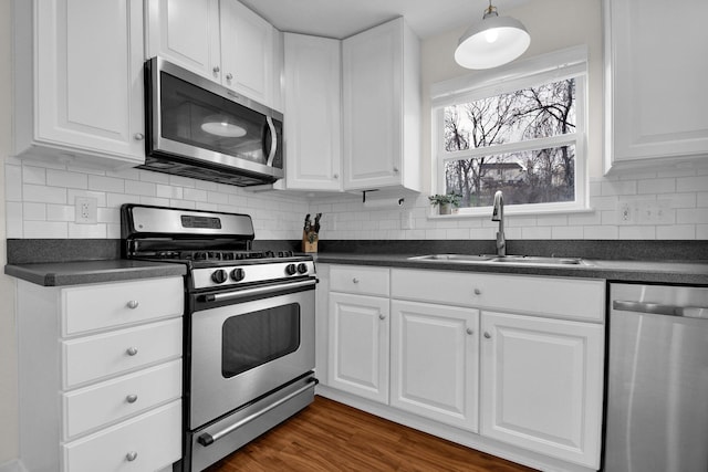 kitchen featuring dark hardwood / wood-style floors, white cabinetry, sink, and appliances with stainless steel finishes