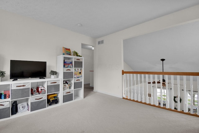 recreation room with carpet floors and a textured ceiling