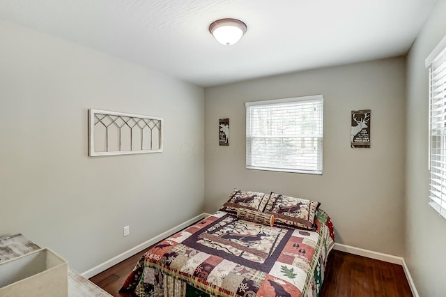 bedroom featuring multiple windows and dark wood-type flooring