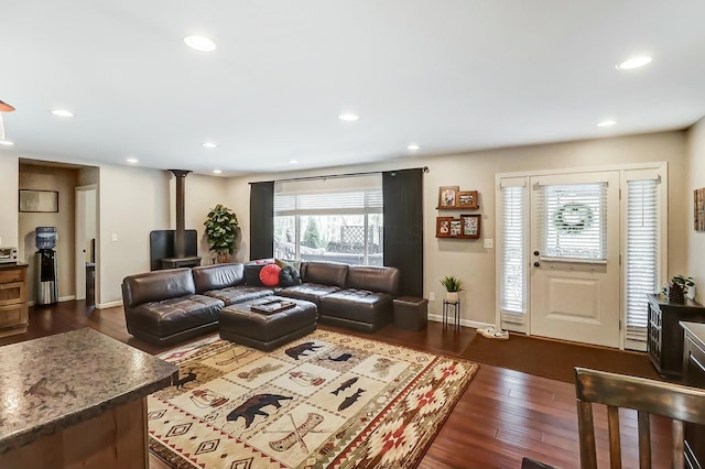 living room with dark hardwood / wood-style flooring