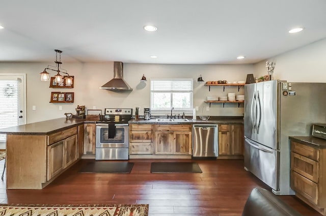 kitchen with sink, wall chimney exhaust hood, dark hardwood / wood-style floors, decorative light fixtures, and stainless steel appliances