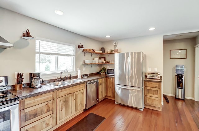 kitchen featuring light brown cabinetry, stainless steel appliances, light hardwood / wood-style flooring, and sink