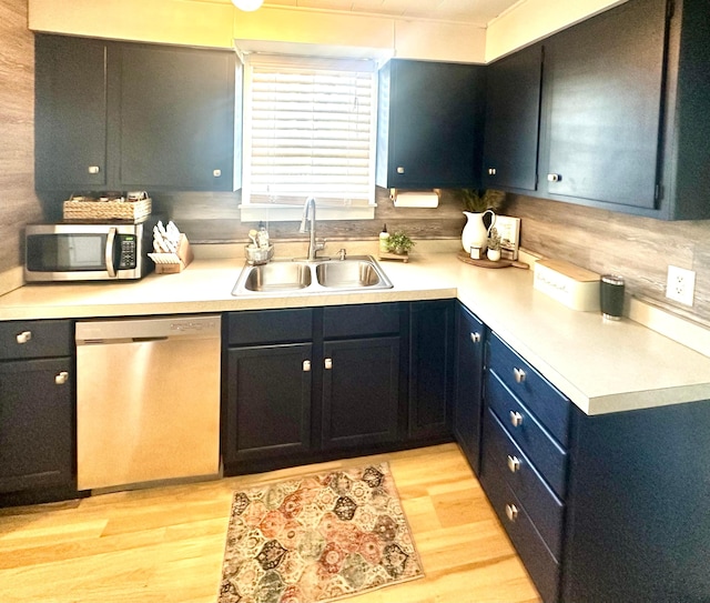 kitchen with decorative backsplash, light wood-type flooring, sink, and appliances with stainless steel finishes