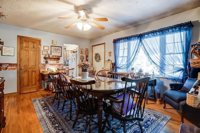 dining space featuring ceiling fan, hardwood / wood-style floors, and a textured ceiling