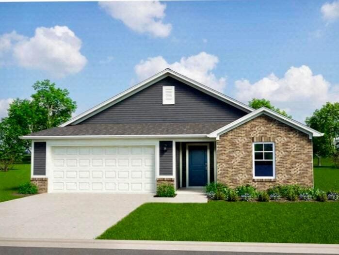 ranch-style home featuring concrete driveway, a front lawn, and brick siding