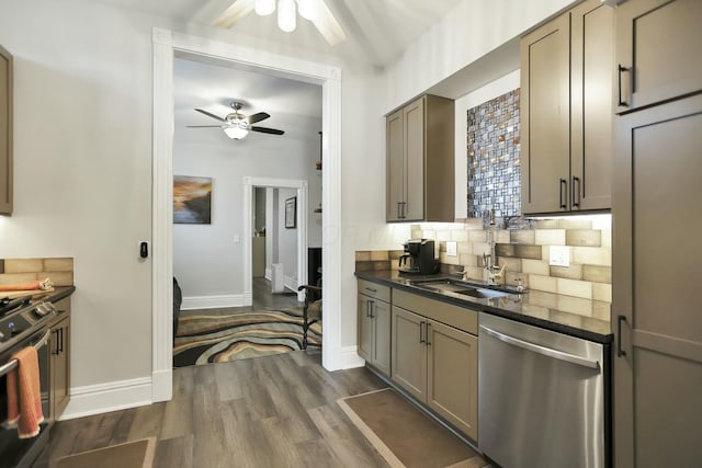 kitchen with backsplash, gas stove, ceiling fan, dishwasher, and dark hardwood / wood-style floors