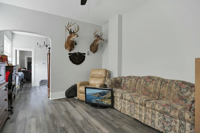 living room featuring ceiling fan and dark hardwood / wood-style flooring