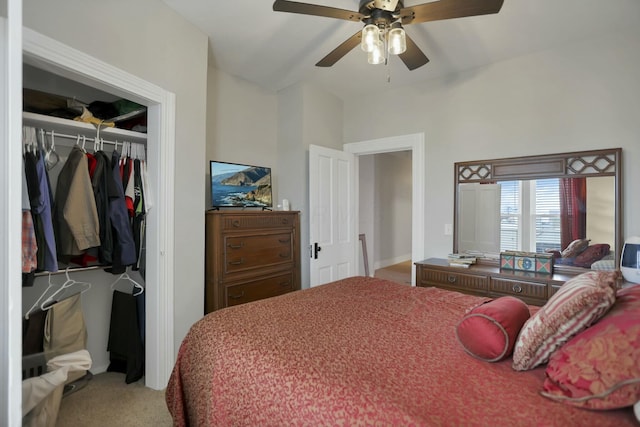 bedroom featuring carpet, a closet, and ceiling fan