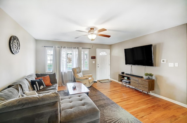 living room with ceiling fan and hardwood / wood-style floors