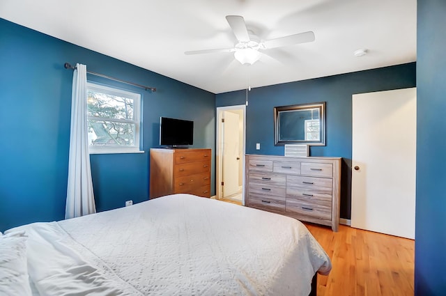 bedroom with ceiling fan and light wood-type flooring