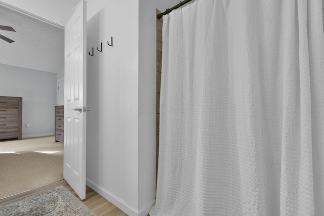 bathroom featuring ceiling fan and wood-type flooring