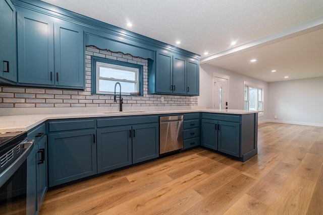 kitchen with backsplash, sink, light wood-type flooring, and appliances with stainless steel finishes