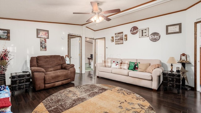 living room with ceiling fan, dark wood-type flooring, lofted ceiling, and ornamental molding