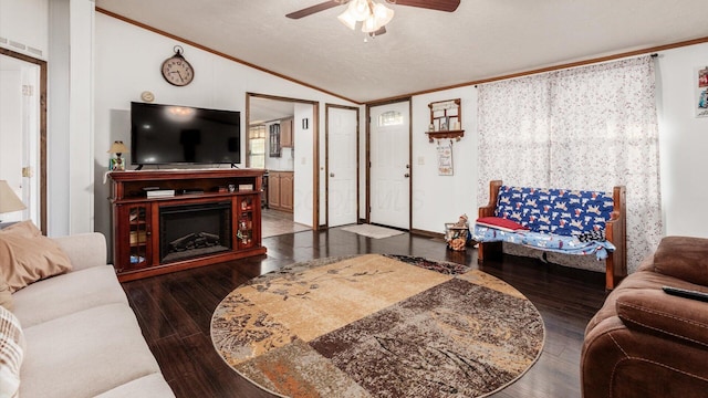 living room with dark hardwood / wood-style flooring, ornamental molding, a textured ceiling, ceiling fan, and lofted ceiling