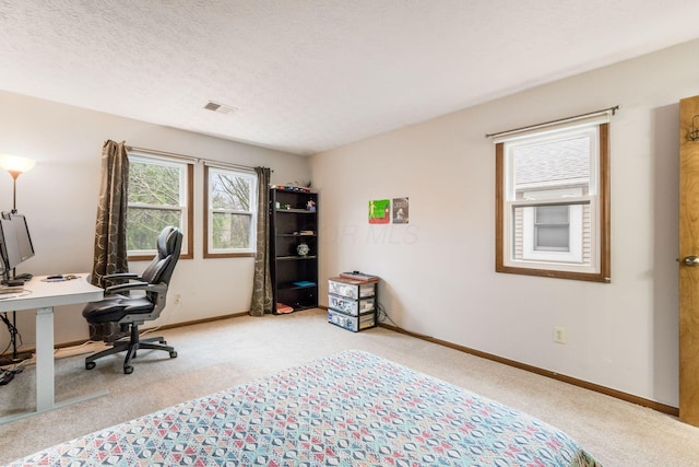 office space with light colored carpet and a textured ceiling