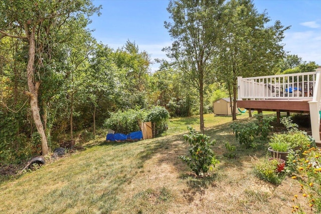 view of yard with a storage unit and a wooden deck