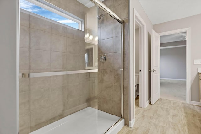 bathroom with vanity, an enclosed shower, and toilet