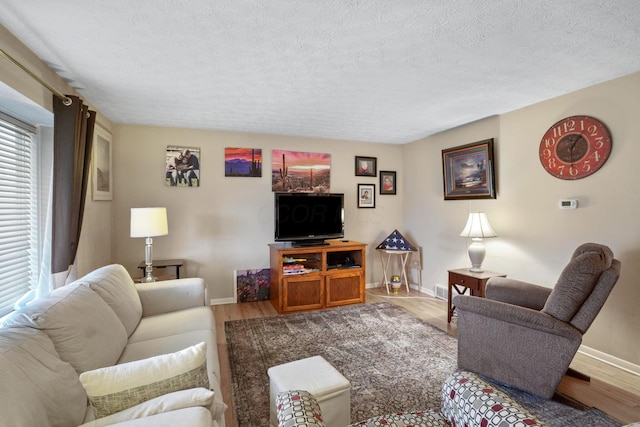 living room featuring a textured ceiling and hardwood / wood-style flooring