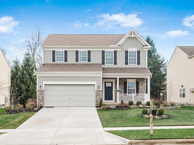 craftsman inspired home featuring a front lawn, a porch, and a garage