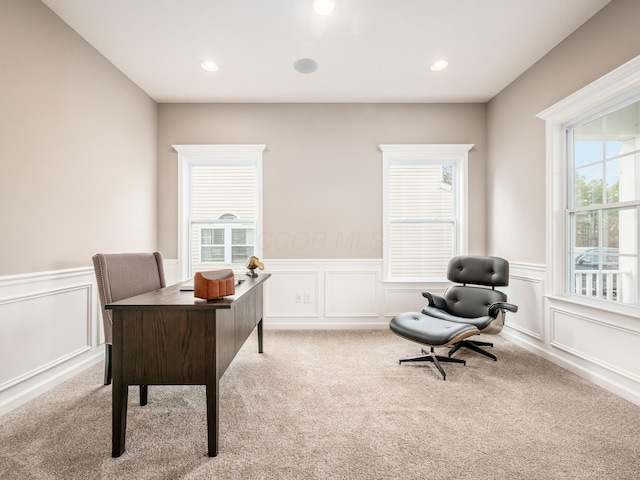 carpeted home office with a healthy amount of sunlight