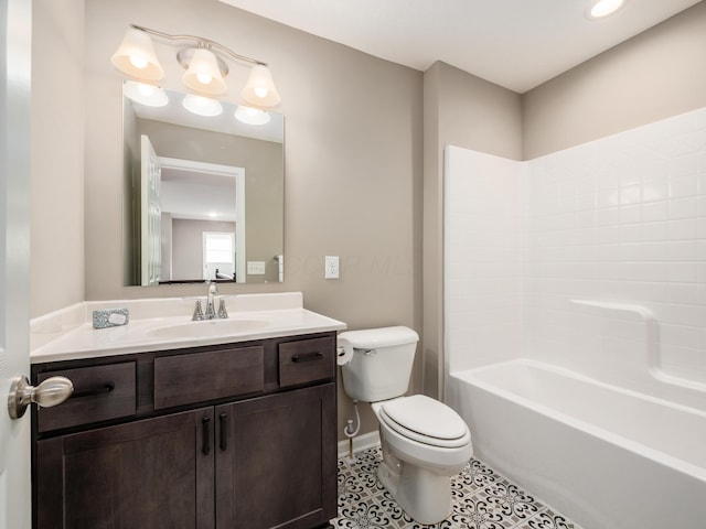 full bathroom featuring tile patterned flooring, vanity, toilet, and shower / washtub combination