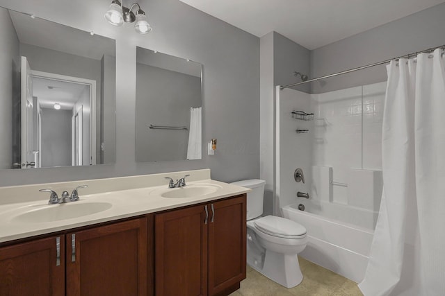 full bathroom with vanity, shower / tub combo with curtain, tile patterned flooring, and toilet