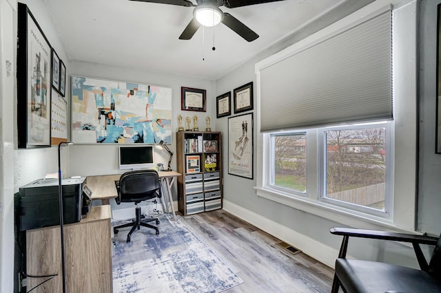 home office with ceiling fan and wood-type flooring