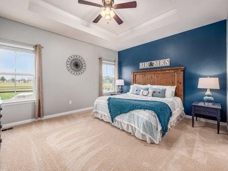 bedroom with carpet floors, a raised ceiling, and ceiling fan