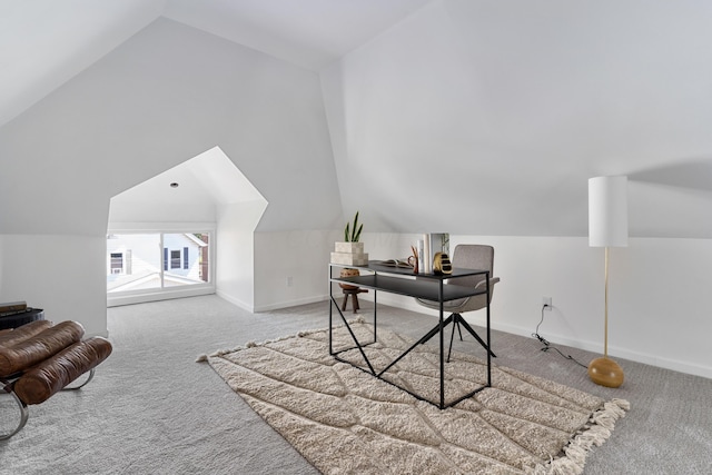 office featuring carpet and lofted ceiling