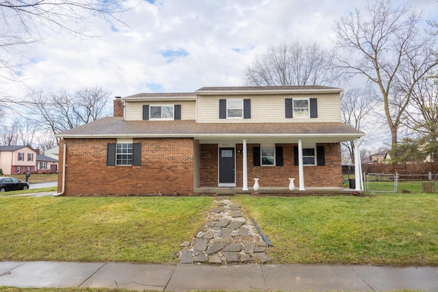 view of front property featuring covered porch and a front yard