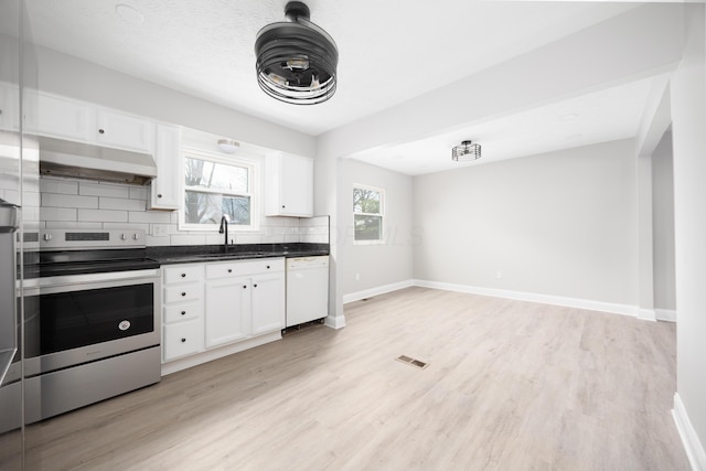 kitchen featuring dishwasher, white cabinets, sink, stainless steel electric range oven, and tasteful backsplash