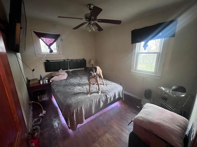 bedroom featuring ceiling fan and dark hardwood / wood-style floors