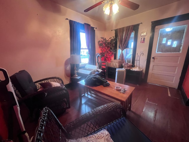 home office with hardwood / wood-style floors, radiator heating unit, and ceiling fan