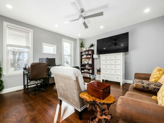 office featuring ceiling fan and dark hardwood / wood-style flooring