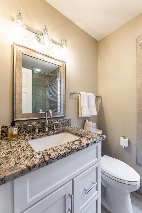 bathroom featuring a shower with door, vanity, and toilet