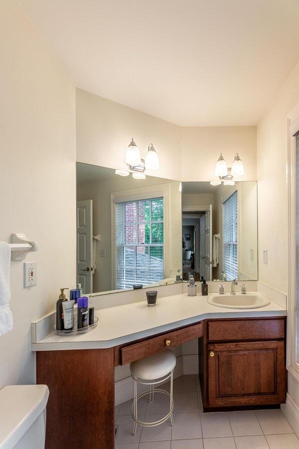 bathroom with tile patterned flooring, vanity, and toilet