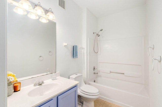 full bathroom with toilet, tile patterned floors, vanity, and bathing tub / shower combination