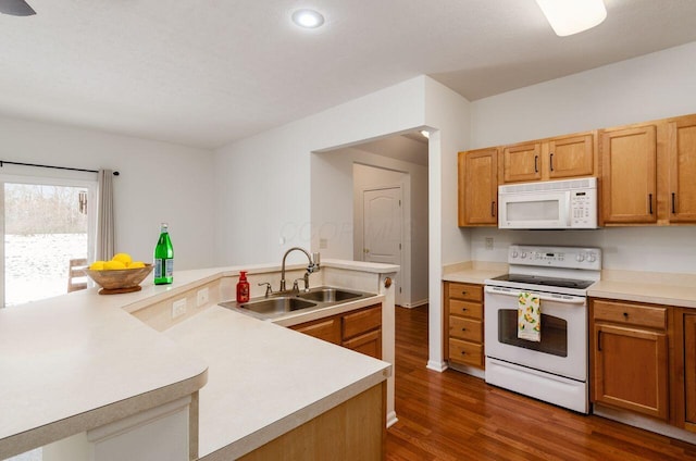 kitchen with sink, dark hardwood / wood-style floors, and white appliances