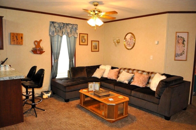 carpeted living room with ceiling fan and crown molding